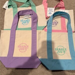 LISTING IS FOR 4 Trader Joe's Canvas Tote Bag - Cream with Purple, Pink,